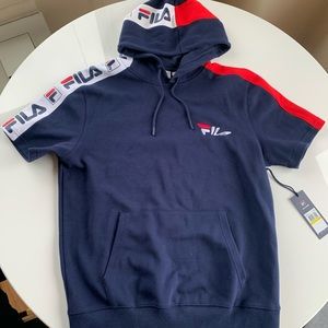 FILA Blue Spell Out Short Sleeve Hoodie Sweatshirt Men’s Medium new with tags